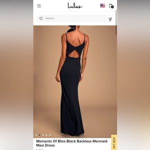 Lulus black mermaid maxi dress, backless. Size M.